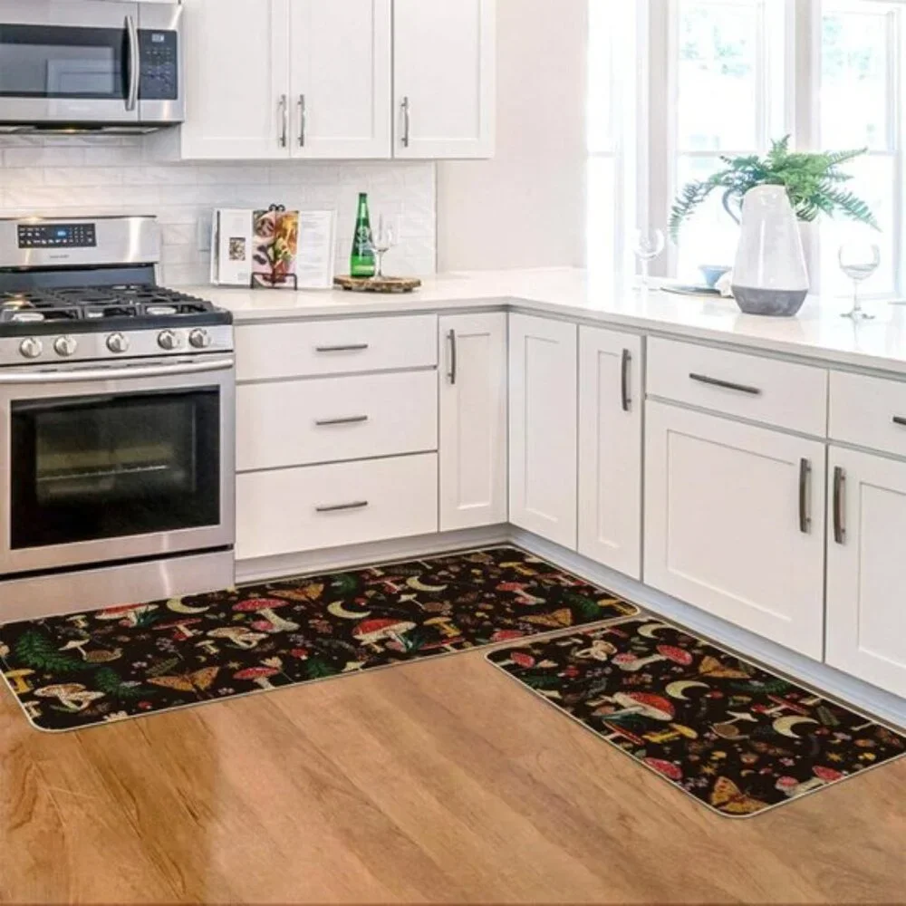 New 2Pcs Black Mushroom Butterfly Kitchen Mat Set, Low Profile Rugs for Floor